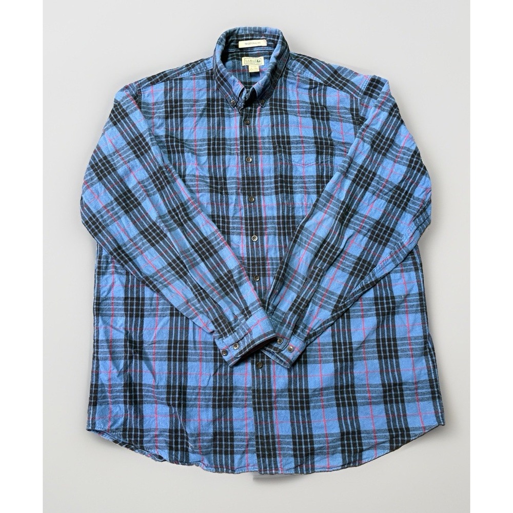 LL Bean Flannel Shirt Scotch Plaid Mens Traditional Fit XLT Tall Blue 228066